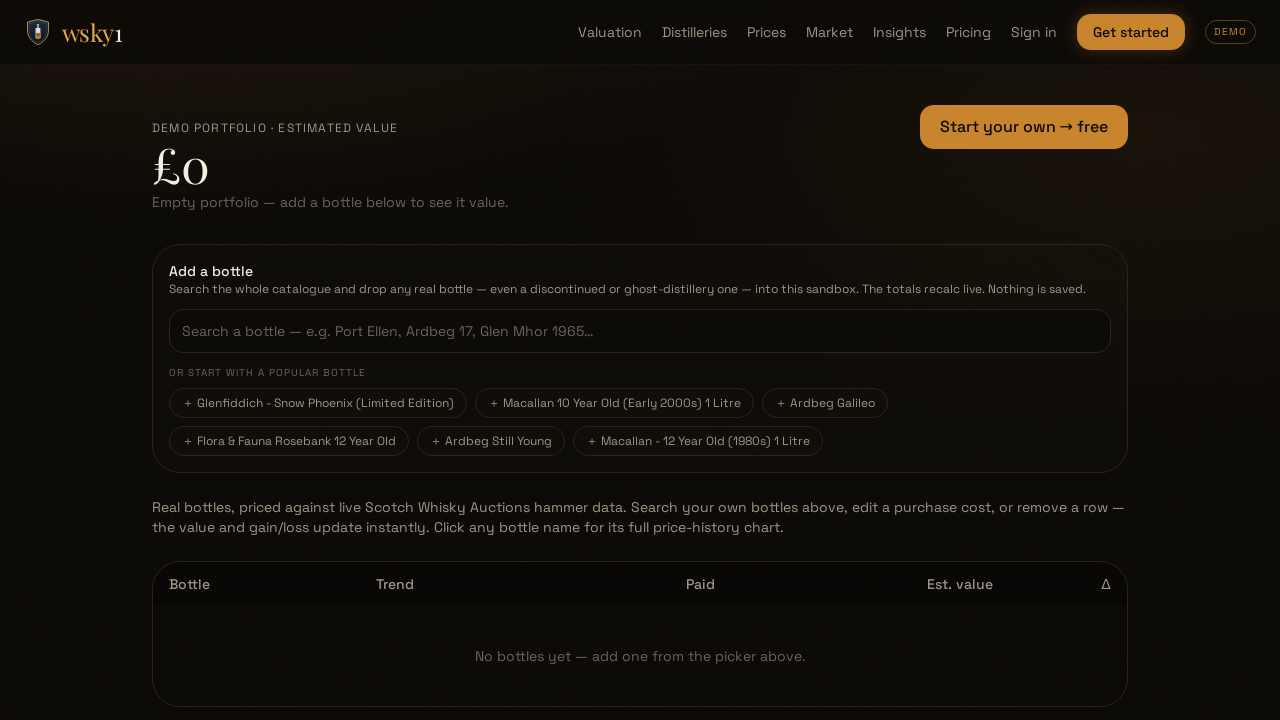 The wsky1 demo portfolio: the estimated-value headline, the "Add a bottle" search with suggested real bottles, and the portfolio table