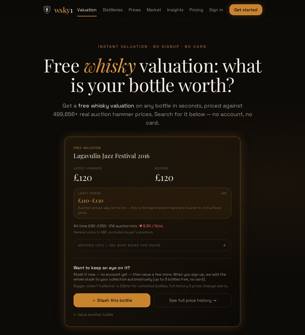 The free valuation tool at wsky1.com/valuation showing a valued bottle: latest hammer, median, a likely-range band, the 12-month trend, and a stash button to save it