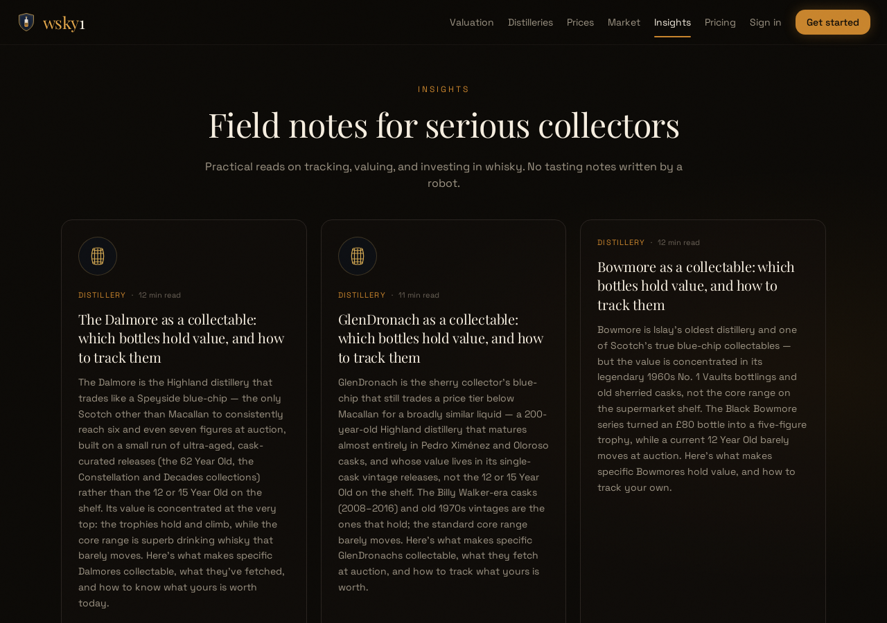 The Insights hub, "Field notes for serious collectors", with the long-form article cards